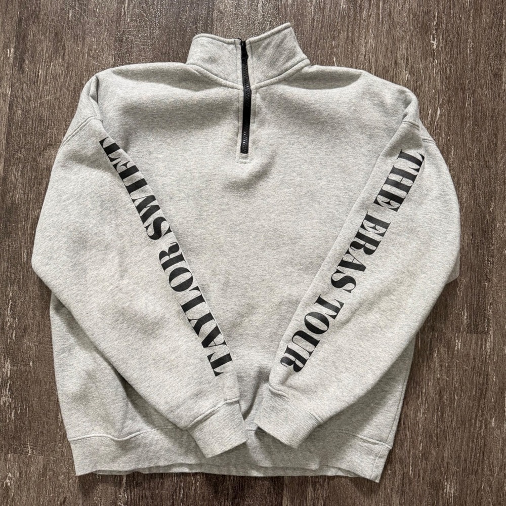 Taylor Swift Gray Quarter-Zip Sweatshirt with Black Sleeve Text